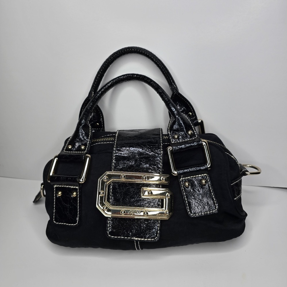 Guess Black Nylon Patent Leather Satchel Bag Gold G Logo Y2K Vintage Style